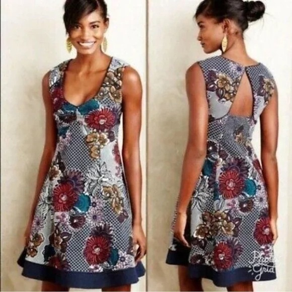 Anthropologie Maeve Blue Floral Keyhole Back Fairchild Flared Dress Size XS - Picture 6 of 7